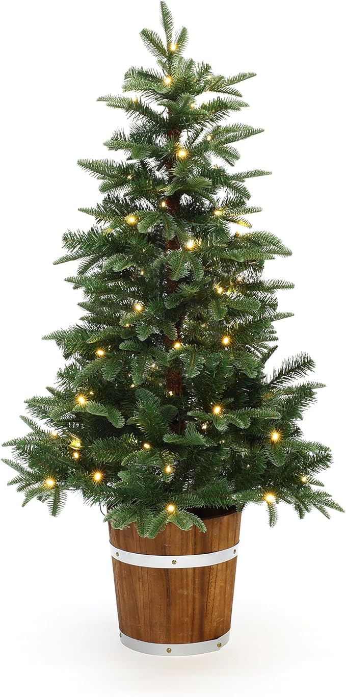LuxenHome 4FT Small Christmas Tree, Prelit Slim Potted Christmas Trees with 100 Warm White LED Lights, Realistic Fir Tree with Rustic Wood Barrel Planter for Entrance, Hallway Holiday Decorations