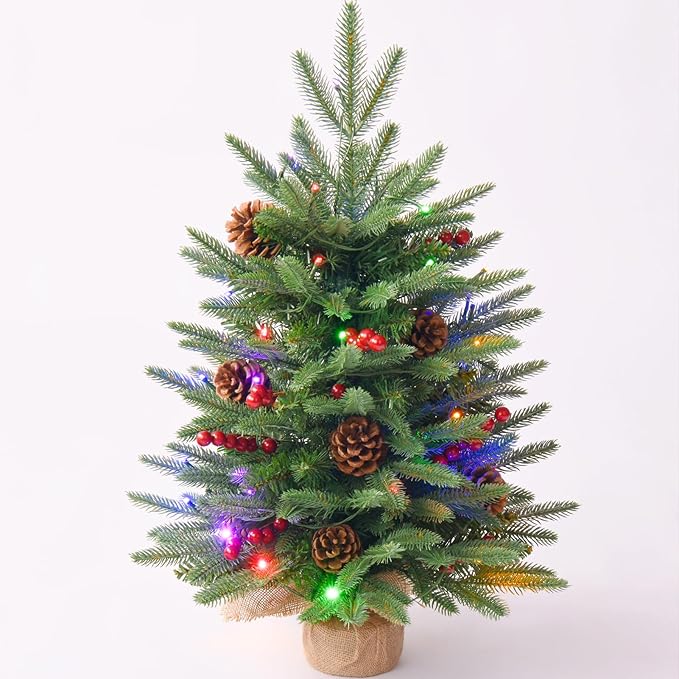 2FT Pre-lit Artificial Small Mini Christmas Tree with Warm White Multi-Color LED Lights, Timer Battery Operated, Perfect for Xmas Tabletop Decorations, Home, Kitchen, Dining Table top Green