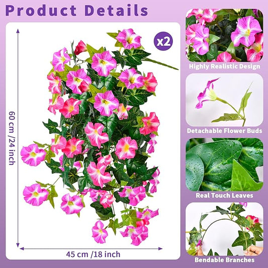 Artificial Flowers for Outdoors 2 Pack UV Resistant Petunias with Real Touch Plastic Leaves, Faux Flowers for Outdoor Planters, Silk Flowers for Outside Garden Porch Window Patio Home Decor, Fuchsia