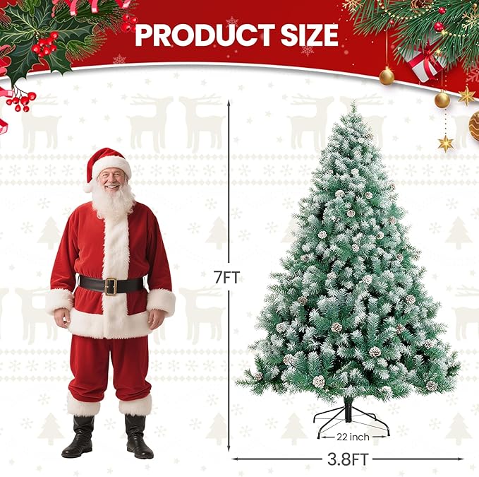 7ft Green Artificial Christmas Tree with Pine Cones and Snow Flocked Branches, Realistic Full Shape Xmas Tree with Sturdy Metal Stand for Indoor Holiday Decoration