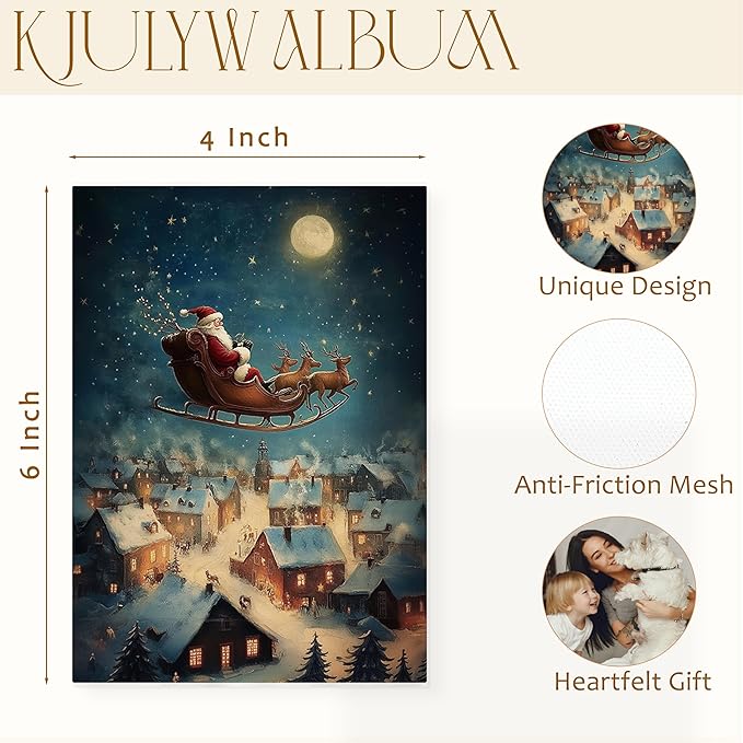 Christmas Photo Albums 4x6 Pictures, Christmas Santa Flying under Full Moon Winter Village Small Memory Photo Album Book for Baby Family Graduation Wedding Travel Vacation