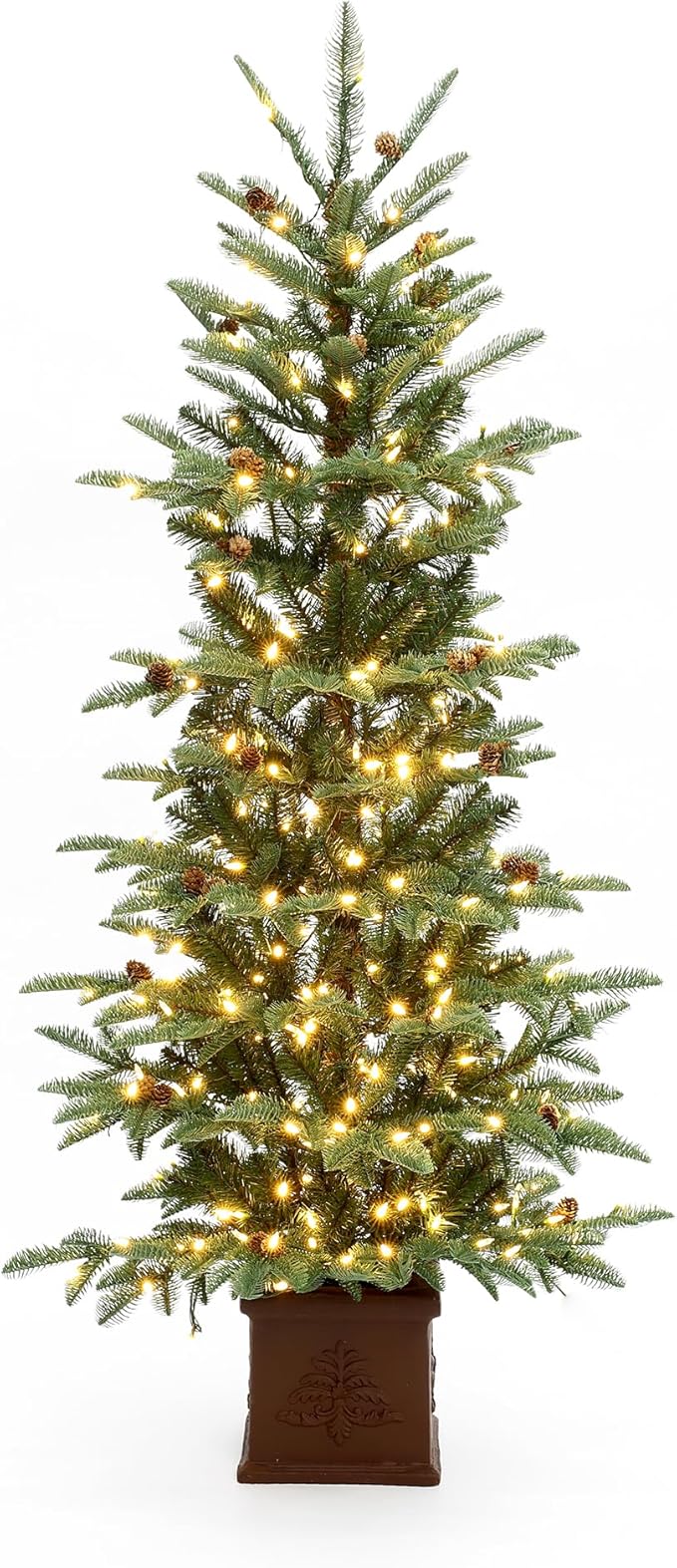 LuxenHome 5FT Potted Christmas Trees, Small Christmas Tree with 300 Warm White LED Lights, Slim Christmas Tree Pre-lit with Pine Cone and Brown Square Base, Artificial Trees for Holiday Decorations