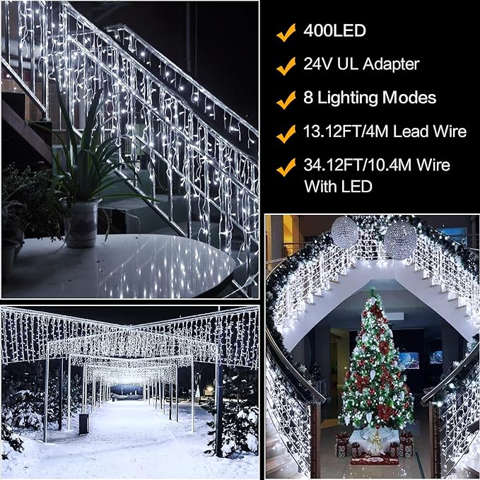 Techip Christmas Lights Outdoor, 33ft 400 LED Icicle Lights for Outside, Plug in Curtain String Lights with 8 Modes Waterproof for Patio Party Holiday Decorations Cool White