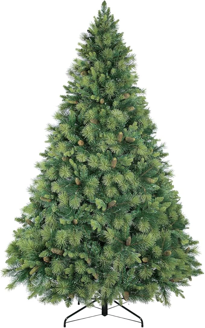 Naomi Home Vail 7.5ft Prelit Artificial Christmas Tree with Pine Cones, Foot Pedal, 1556 Branch Tips, 750 Warm Lights and Metal Stand, 61" Wide Realistic Traditional Christmas Tree with Lights