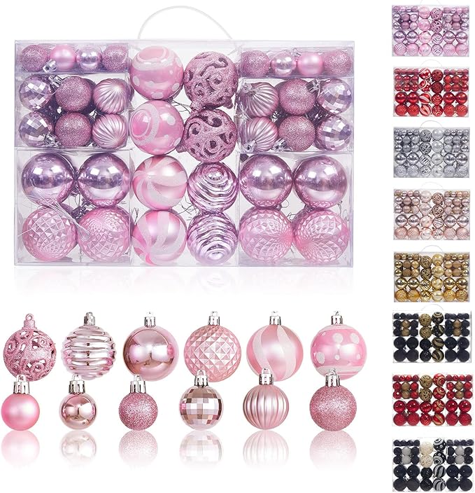 100PCS Christmas Ball Ornaments, Assorted Shatterproof Christmas Tree Decorations, Seasonal Decorative Hanging Baubles Decor Set for Xmas/Holiday/Party, Glitter&Painting Ornament Set (Pink)
