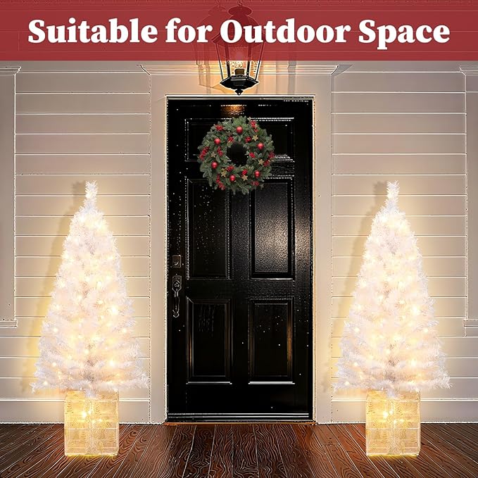 Brightever 4 FT Artificial Christmas Tree, Pre-lit Small Christmas Trees with Warm White String Lights & Unique Gold Gift Box Base, Plug in White Outdoor Xmas Trees for Front Door, Fireplace, Patio