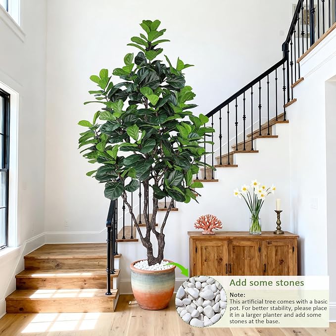 8FT Faux Fiddle Leaf Fig Tree, Large Artificial Plants Indoor Ficus Lyrata Trees, Realistic Fake Tree in Pot Floor Plant for Home Decor Office Christmas Housewarming Gift