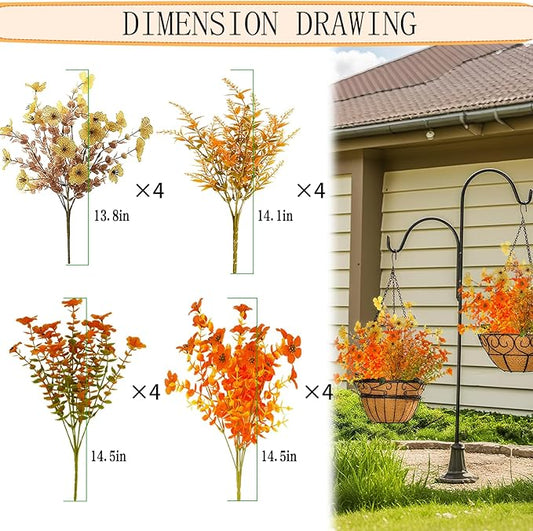 16 Bundles Artificial Flowers for Outdoor/Indoor Decoration, Plants for Outside, Fake Fall Plants. Suitable for Outdoor Flowerbed, Indoor and Outside Decorations (Orange).