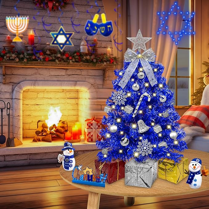 Timer - Hanukkah Decorations 24 Inch/2 FT Blue Tabletop Christmas Tree with Lights, 20 Warm White Lights 8 Mode, 27 Orantment Star Boxes Mini Small Christmas Tree Home Party Table Xmas Hanukkah Decor