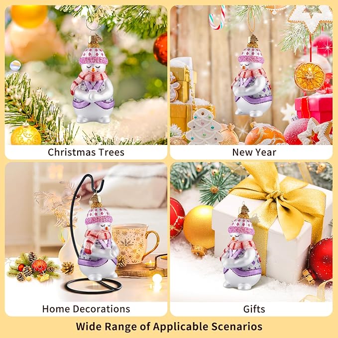 Snowman Christmas Ornaments,Blown Glass Ornaments for Christmas Tree,Purple Shy Snowman Collection Figurine Hanging Ornament,Christmas Decorations for Xmas Tree Holiday Party Daily Gifts