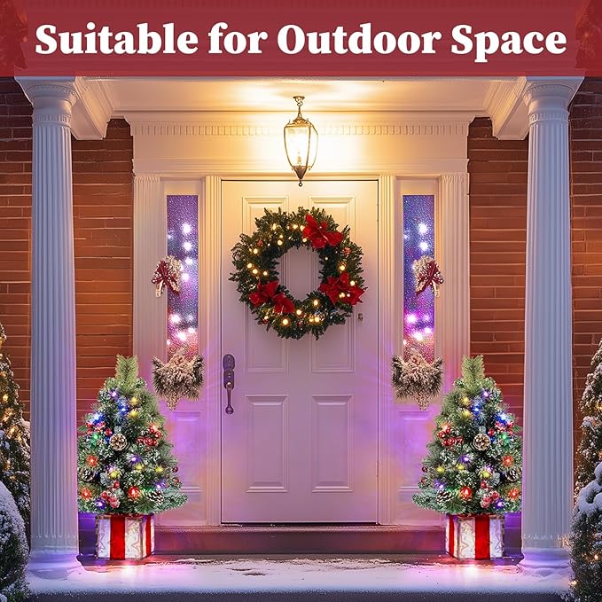 Brightever Small Christmas Tree, 2FT Prelit Mini Christmas Tree with 50 Multi-Color LED Lights, Unique Gift Box Base, Battery Operated Little Xmas Tree for Table Top, Pinecone & Berries Included