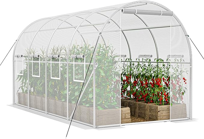SPECILITE Walk-in Tunnel Greenhouse for Outdoors, 15×7×7 FT Heavy Duty Hoop House Kit with 8 Screen Windows, Thicken PE Cover & Galvanized Frame, Portable Large Green Houses for Outside, Winter, White