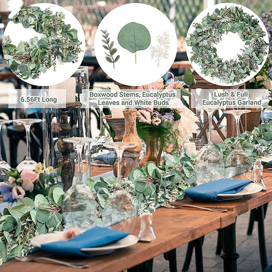 Ouddy Decor 2 Pack Eucalyptus Garland Total 13.1 Ft Lush Silver Dollar Leaves Boxwood with White Buds Artificial Faux Greenery Vines for Baby Shower Wedding Party Table Runner Room Home Mantle Decor