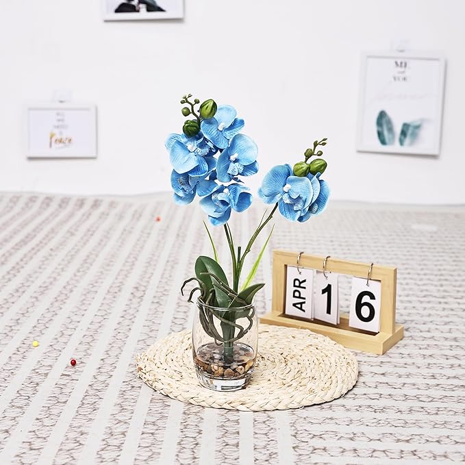 Jusdreen Artificial Blue Orchid in Glass Vase, Realistic Phalaenopsis Arrangement with Potting for Home Office Table Decor, 14.5 Inch Flower Centerpiece