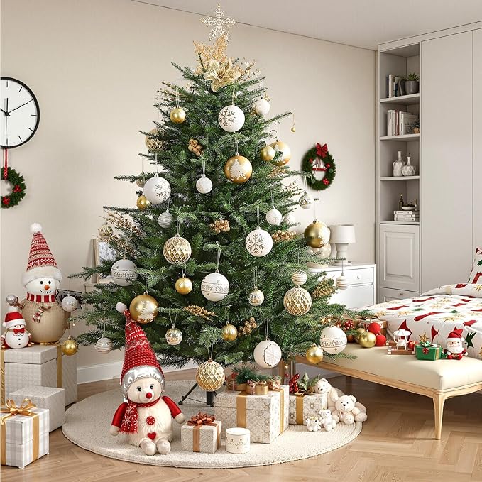 SHareconn 100MM/4 Inch 9PCS Large Christmas Balls Ornaments, Shatterproof Plastic Hanging Big Baubles Set for Xmas Tree Decoration Holiday Party Wedding Decorations with Hook,Gold and White