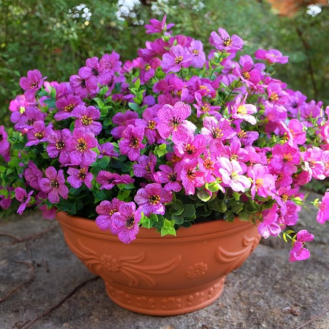 16 Bundles Artificial Flowers for Outdoors ,No Fade UV Resistant Realistic Purple Silk Daisy Fake Eucalyptus Summer Plants for Indoor Decoration Outside Planter Porch Home Garden Window Box Decor