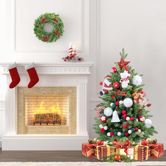 3FT Pre-lit Artificial Mini Christmas Tree, Tabletop Christmas Tree, 50 LED Lights and Cloth Bag Base, Perfect for Indoor Outdoor Decoration