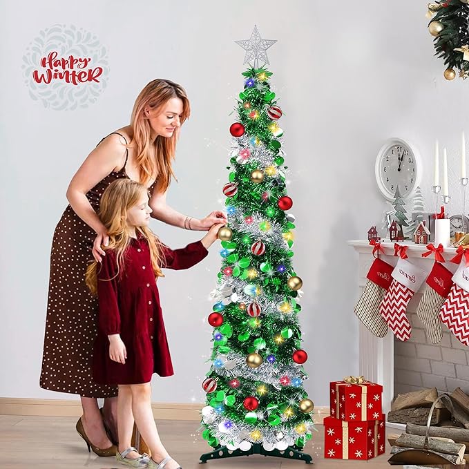 5FT Pop Up Christmas Tree with Timer 60 Warm White & Multi Color Fairy Light 3D Star 15 Ball Ornament, Green Sliver Tinsel Christmas Tree Slim Pencil Xmas Tree Home Office Holiday Decor Indoor Outdoor