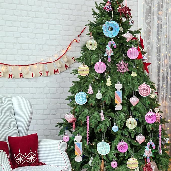 ILLUMINEW 48-Pack Christmas Balls Ornaments,Macaron Shatterproof Christmas Ornaments Set, Xmas Seasonal Cute Hanging Pendants Gift Package for Tree Party Holiday Indoor Decor