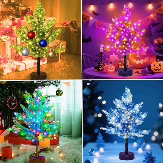 Pooqla RGB Lighted Mini Christmas Tree, Color Changing Tabletop LED Xmas Tree with Remote, 28 Colors 80 LED Pre-lit Artificial Small Tree with Hanging Ball Ornaments Home Party Christmas Decoration