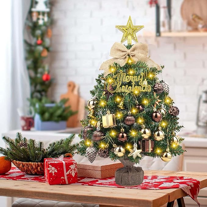 SVNVIOZ 2FT Small Tabletop Christmas Tree with Lights, Mini Artificial Christmas Tree with Bronze Gold Ornaments, Xmas Tabletop Christmas Tree for Holiday Home Decoration