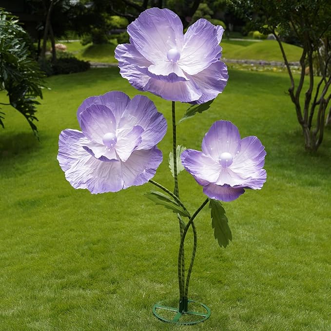 Giant Flowers for Decoration,Large Paper Flowers with Standing Stems and Base,3 pcs Artificial Flowers for Home Decor, Wedding Decorate, Photography Props, Party Banquet (Purple)