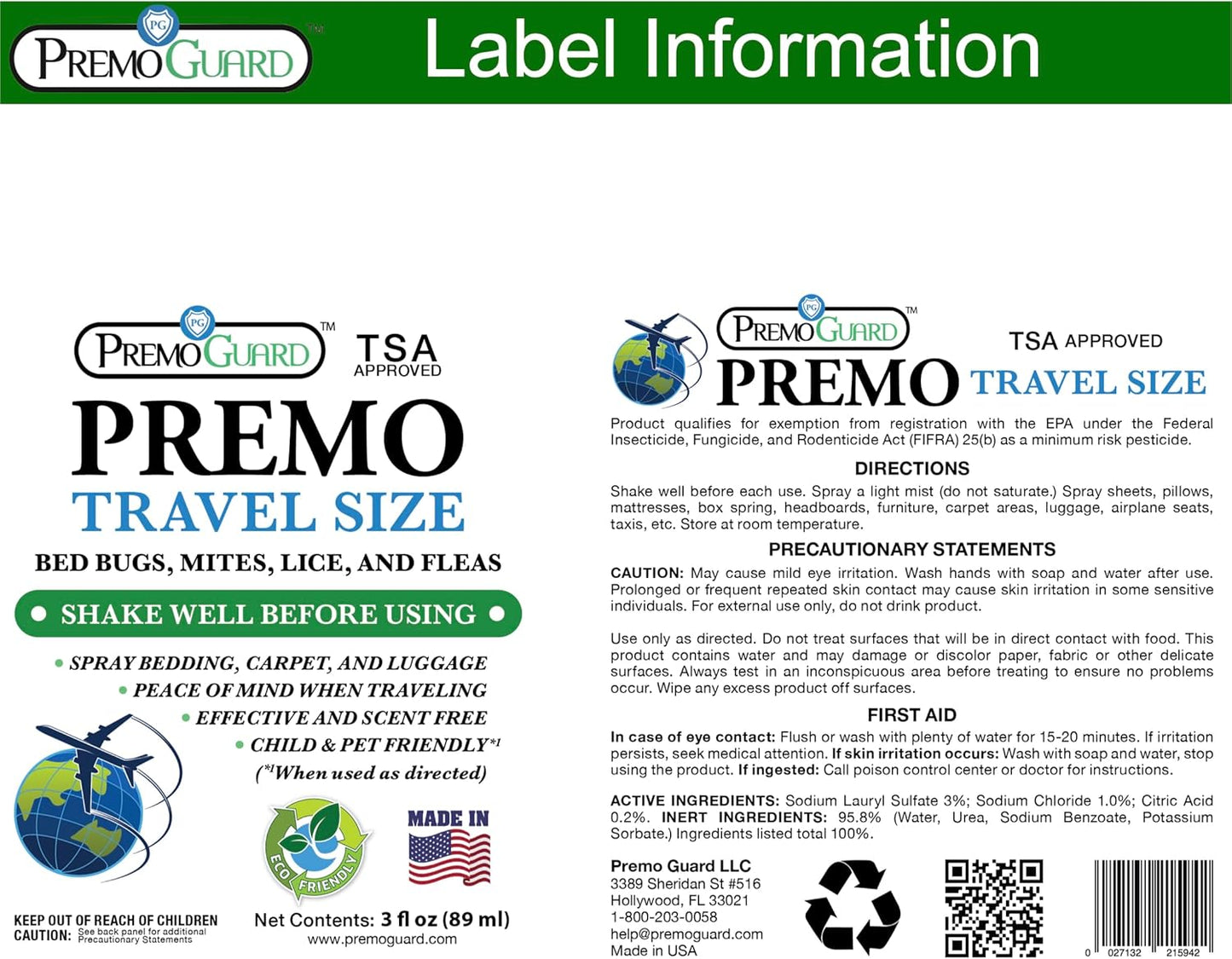 Travel Bed Bug & Mite Killer Spray by Premo Guard 3 oz – Child & Pet Safe – Fast Acting – Stain & Odor Free – Best Protection – Carryon Bag Approved