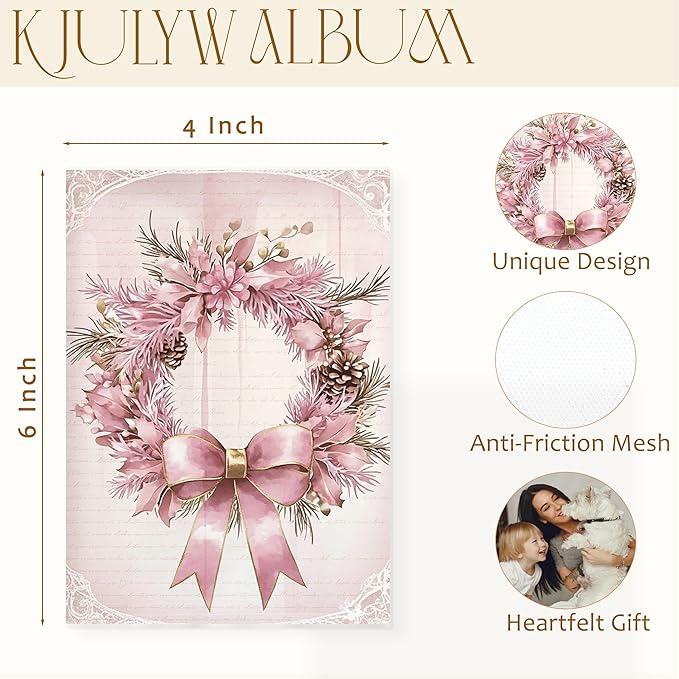 Pink Christmas Photo Albums 4x6 inch Hold 36 Pictures, Coquette Bow Xmas Wreath Winter Holiday Small Memory Photo Album Book for Baby Family Graduation Wedding Travel Vacation