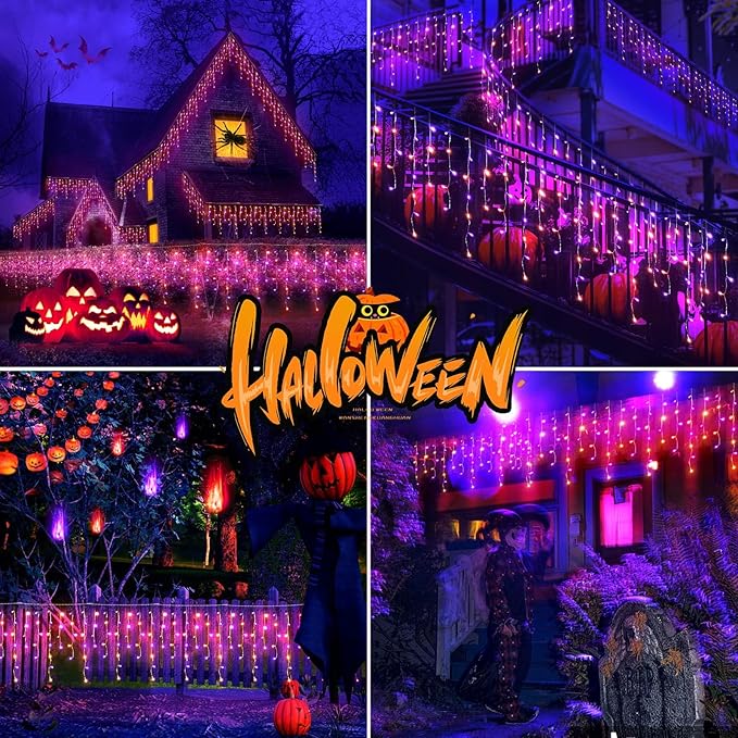 JXLEDAYY 65 FT 640 LED Halloween Lights Outdoor Decorations Clear Wire String Lights Plug in 120 Drops 8 Modes Memory Timer Curtain Fairy Lights Waterproof for Holiday Wedding Party-Orange and Purple