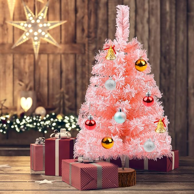 2Ft Artificial Christmas Tree Pink Tabletop Christmas Tree with Snow Flocked Mini Xmas Pine Tree with Wooden Stand for Indoor Outdoor Holiday Home Decoration