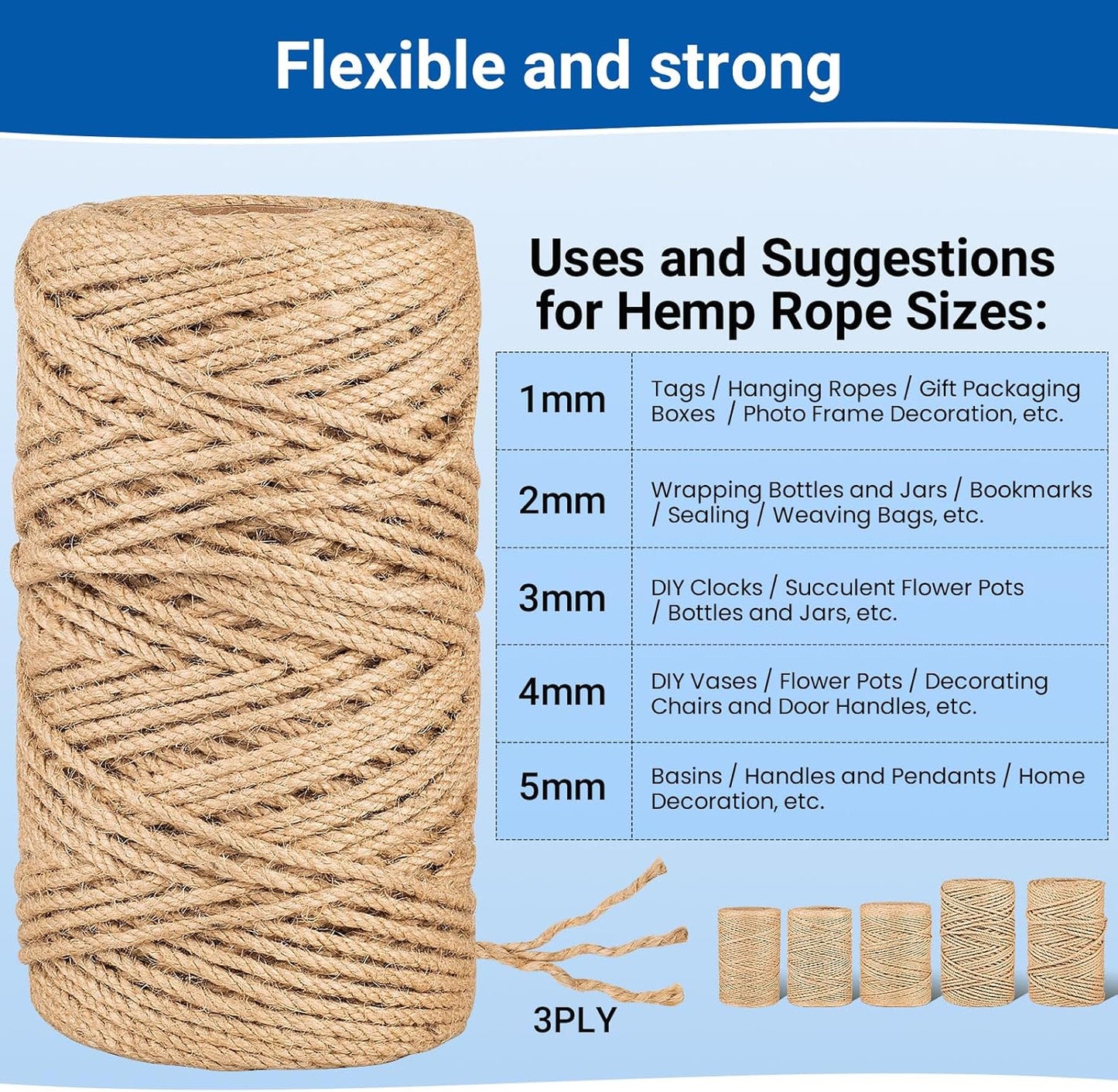 Natural Jute Twine String,Bulk Jute Rope Cord Twine for Crafting Gardening,Roll of Thick and Thin Twine for Gift Wrapping,Brown Decorative Rope,Ornament Twine for Cat Scratch Post (4mm x 328ft)