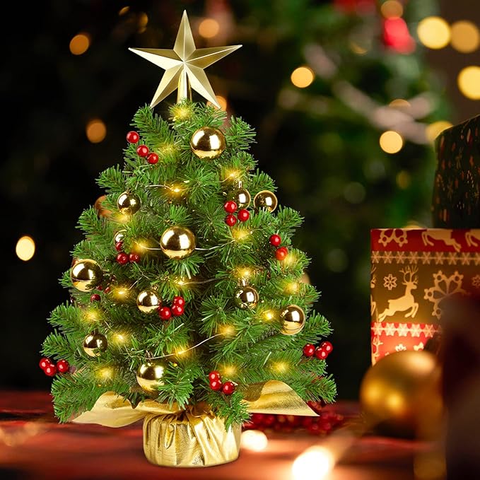 Mini Prelit Christmas Tree, 22" Tabletop Decoration with Warm Lights, Gold Ornaments, Red Berries & Cloth Bag Base