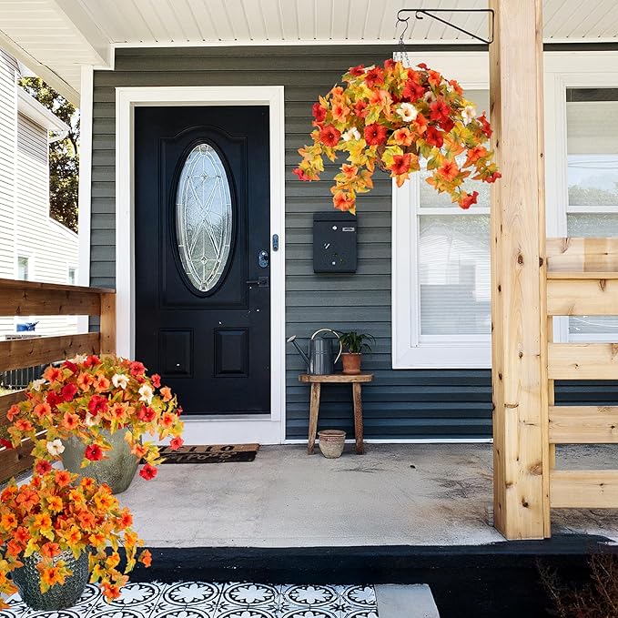 Artificial Fake Fall Flowers with Hanging Basket Plants for Outdoor Decoration, Silk Faux Flower UV Resistant Petunias for Home Porch Patio Garden Balcony Yard Decor Real Looking(Orange White)