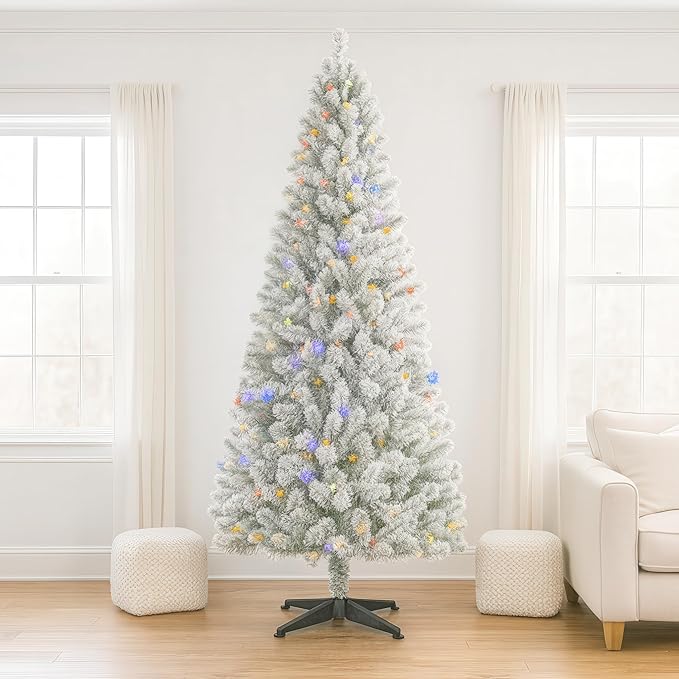 6.5ft White Flocked Christmas Tree with Lights – Pre Lit Flocked Christmas Tree with 250 Multi-Color LEDs, 600 Tips, Pedal Control, Hinged Full Flocked Tree with Plastic Stand