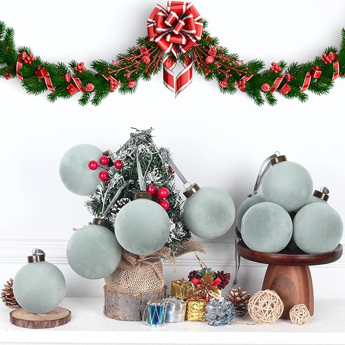 6 Pcs Velvet Christmas Balls Bulk Shatterproof Plastic Christmas Tree Decorations for Decorative Hanging Baubles (6, Haze Blue, 3.94Inch)