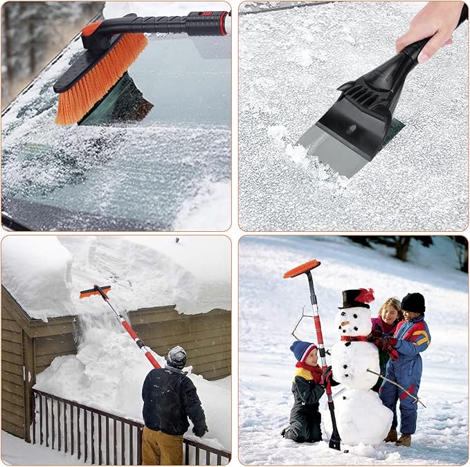 FOVAL 62.4" Snow Brush - Ice Scrapers for Car Windshield, 360°Pivoting Brush Head, Comfortable Foam Grip, Extendable Snow Removal Car Brush for Trucks SUVs, Essential Winter Tool