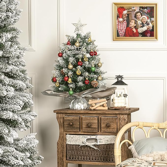 XmasExp 20in Mini Christmas Tree Artificial Small Christmas Tree with LED Light, Star Treetop,Ornaments Balls,Bells and Pine Cones DIY Tabletop Xmas Decorations