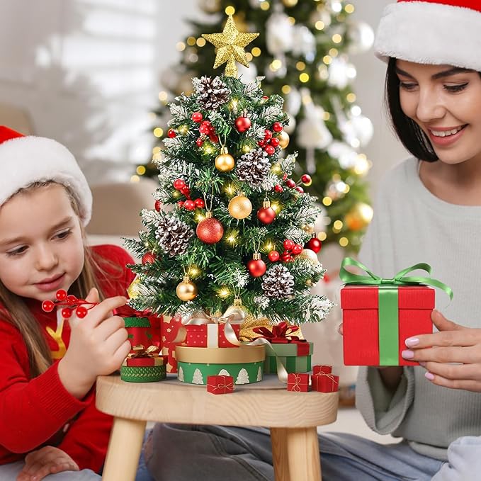 Mini Christmas Tree with Lights, 24 Inch Tabletop Christmas Tree with Berries Star Treetop Ornaments Balls Artificial Small XMS Tree for Table Desk Home Christmas Holiday Decor