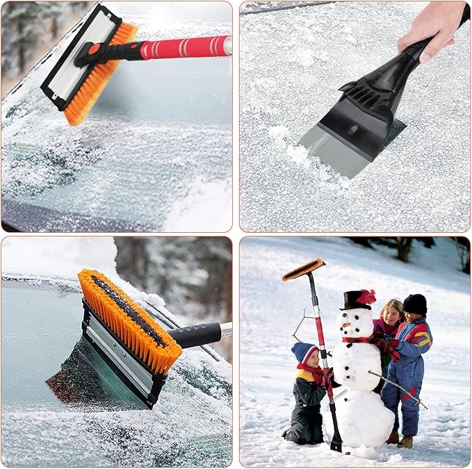 FOVAL 62.4" Extendable Ice Scraper Snow Brush with Squeegee for Windshield Window Car Trucks SUVs, 270° Pivoting Brush Head, Essential Winter Tool Ice Snow Remover with Comfortable Foam Grip