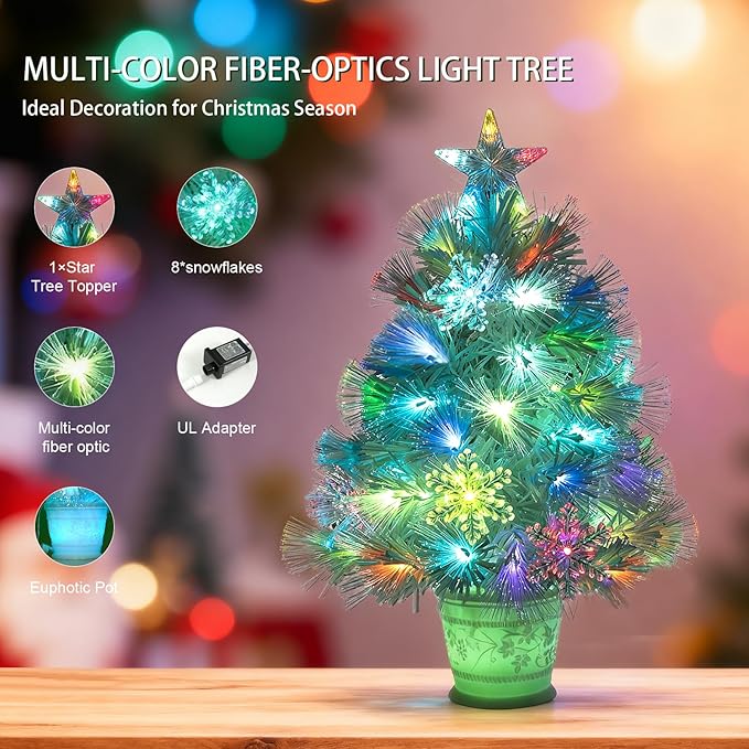 Artificial Christmas Tree, 24inch Small Christmas Tree White Fiber Optic Prelit Tabletop Xmas Tree with 67 Led Lights 7 Colors Lighted Christmas Tree Holiday Home Decor