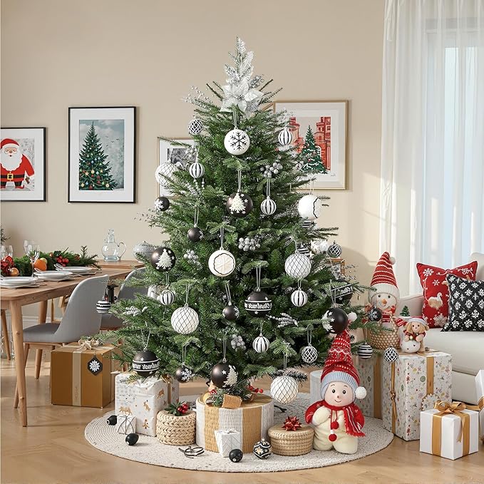 SHareconn 100MM/4 Inch 9PCS Large Christmas Balls Ornaments, Shatterproof Plastic Hanging Big Baubles Set for Xmas Tree Decoration Holiday Party Wedding Decorations with Hook,Black and White