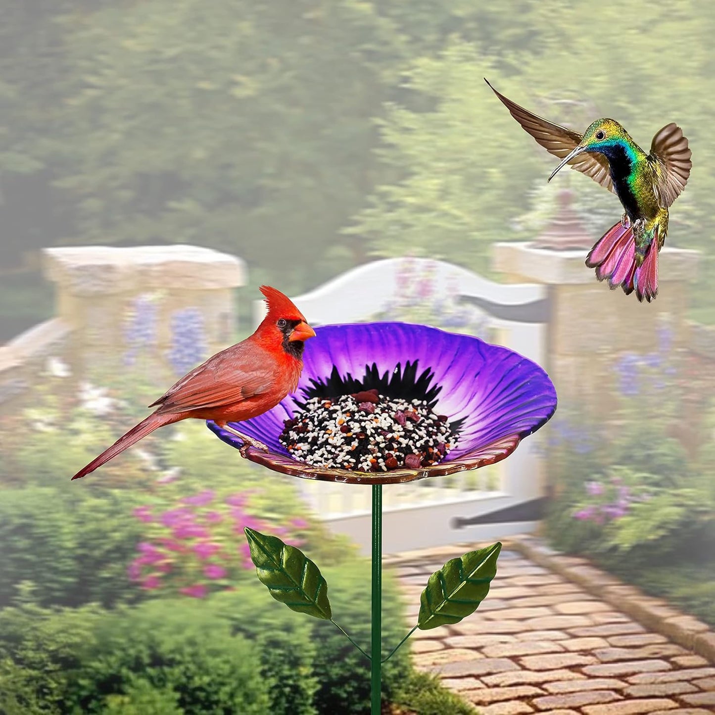 Glass Bird Baths for Outdoor, Garden Birdbath Bird Feeders Hydrangea Decor Birdfeeder with Metal Stake for Garden, Yard, Lawn, Courtyard
