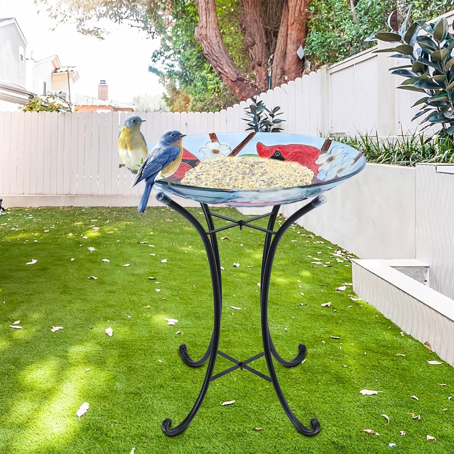 MUMTOP Outdoor Glass Birdbath with Metal Stand for Outside Yard Garden Decor, 18 inch Diameter Red Caridnals Bird Baths Bowl for Outdoors, 21.65 inch Height