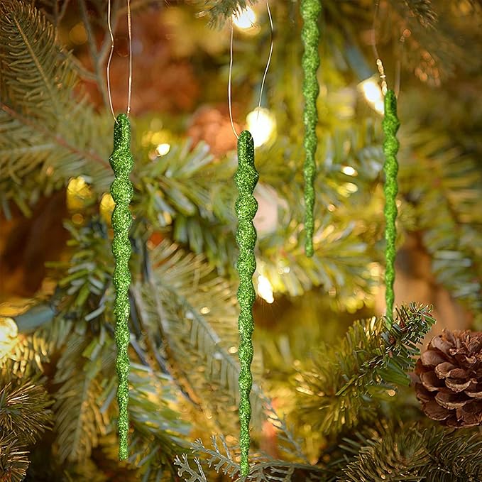 AMS Sparkling Glitter Plastic Icicle Ornaments 30 PCS Twisted Icicles Decoration Christmas Tree and Holiday Xmas Party Hanging (5.1'', Green)