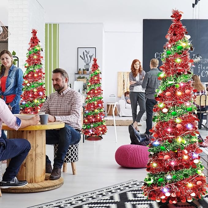 5 FT Collapsible Sequin Pop Up Christmas Tree with 90 LED Lights, Skinny Pencil Tinsel Xmas Tree with Stand for Apartments