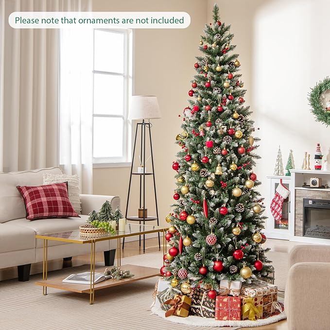 GOFLAME 7FT Pre-Lit Pencil Christmas Tree, Artificial Xmas Tree with 818 Branch Tips, 40 Pine Cones, 39 Clusters of Red Berries & 350 Warm White LED Lights, Holiday Decoration Tree for Home Party