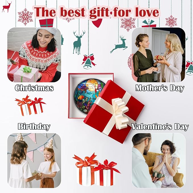 Stained Glass Window Hanging - Blue Ocean World Small Fish Coral Sun Catcher for Door Garden Home Decor Sea Suncatcher Christmas Mother's Day Birthday Gifts for Women Men Mom Nana 6.3 in