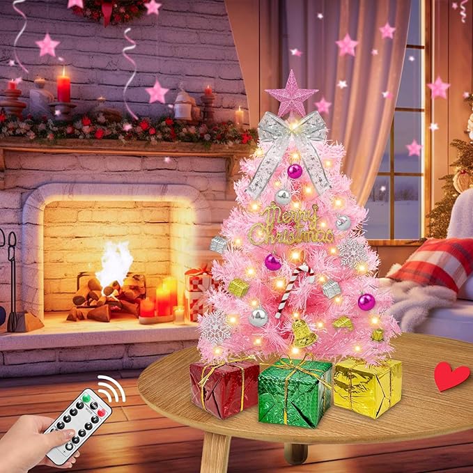 Dual Color Change&Remote Control-24 Inch/2FT Pink Small Christmas Tree with Lights Timer,Warm White&Colored Changing Lights Orantments Gift Boxes 8 Modes Mini Tabletop Christmas Tree Indoor Home Decor