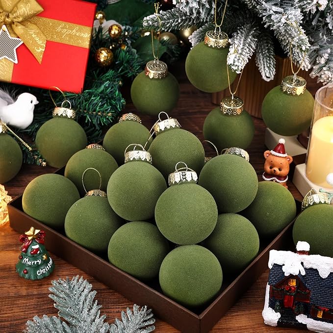 12 Pcs Velvet Christmas Balls Flocked Christmas Tree Hanging Ornaments Shatterproof Plastic Hanging Balls Decorations for Xmas Tree Party Home Holiday Decor (Green, 2.36 inch)