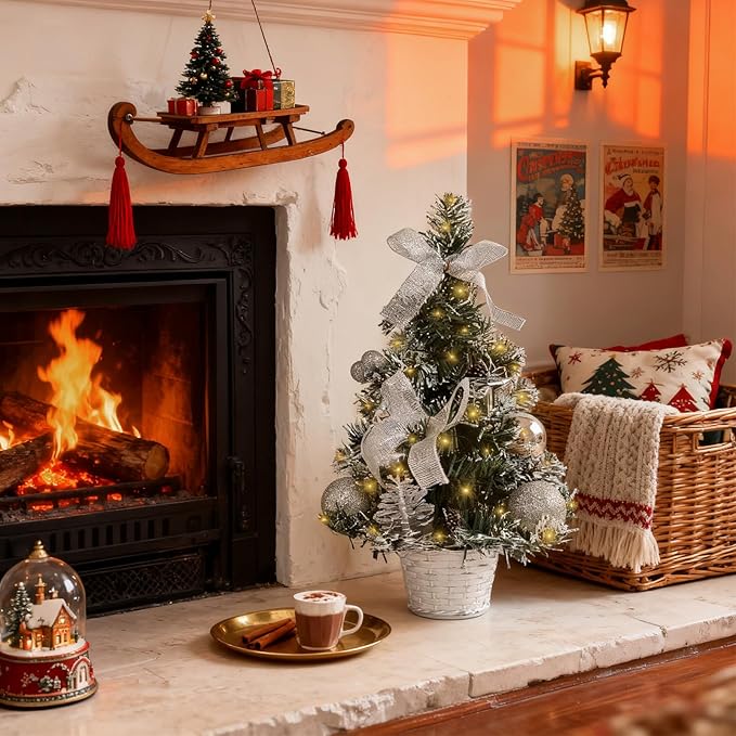 Tabletop Christmas Tree 11.81Inches Mini Artificial Christmas Tree with LED String Lights, Tabletop Small Xmas Tree for Holiday Indoor Christmas Decorations Silver